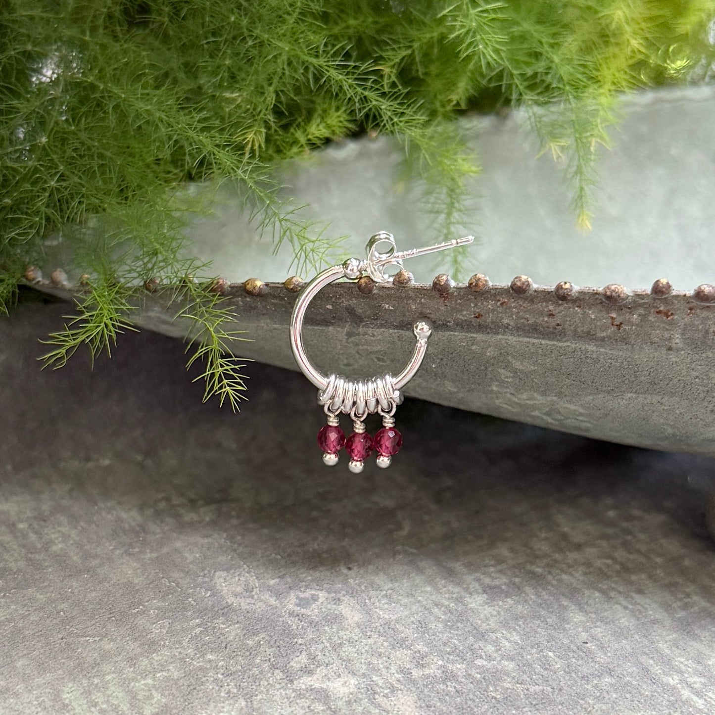 Fuchsia Pink Garnet 3-Bead Mini Hoop Earrings (Silver)
