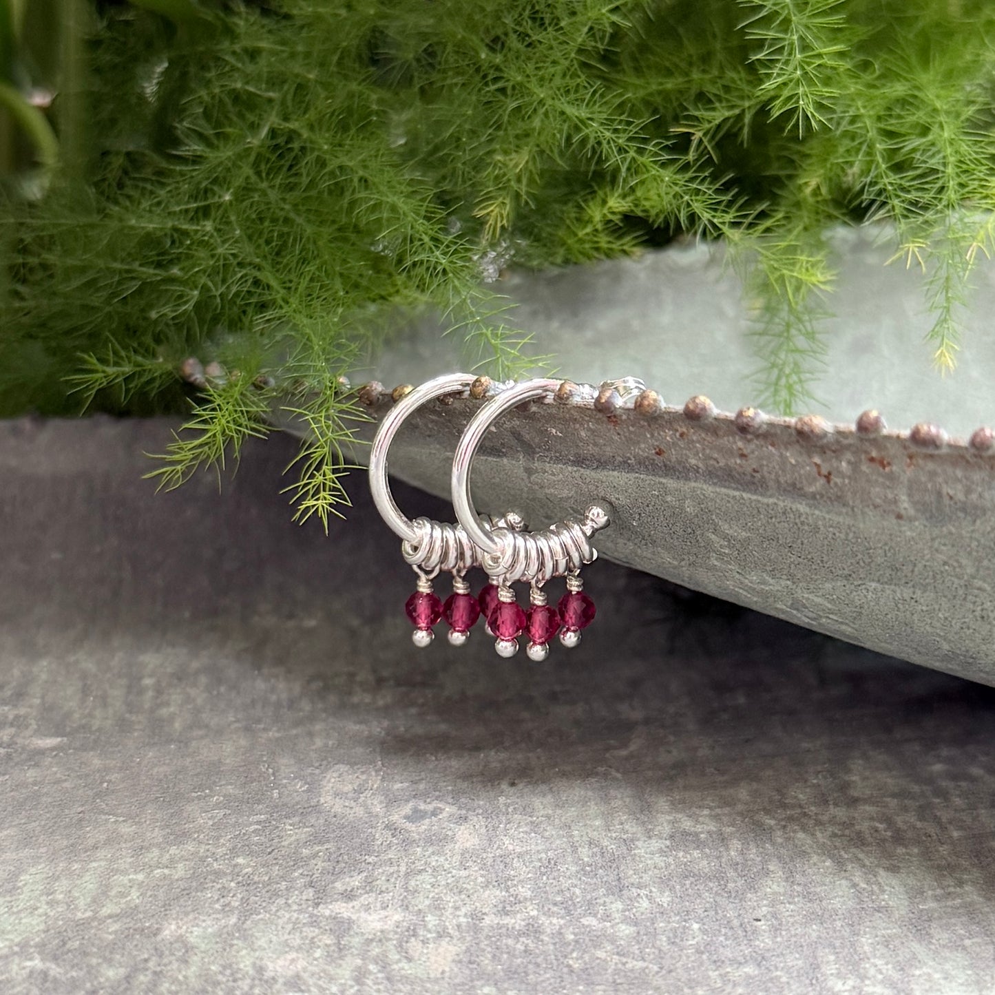 Fuchsia Pink Garnet 3-Bead Mini Hoop Earrings (Silver)