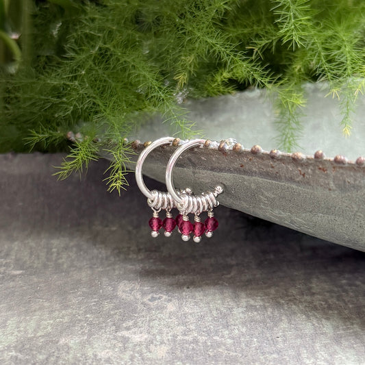 Fuchsia Pink Garnet 3-Bead Mini Hoop Earrings (Silver)