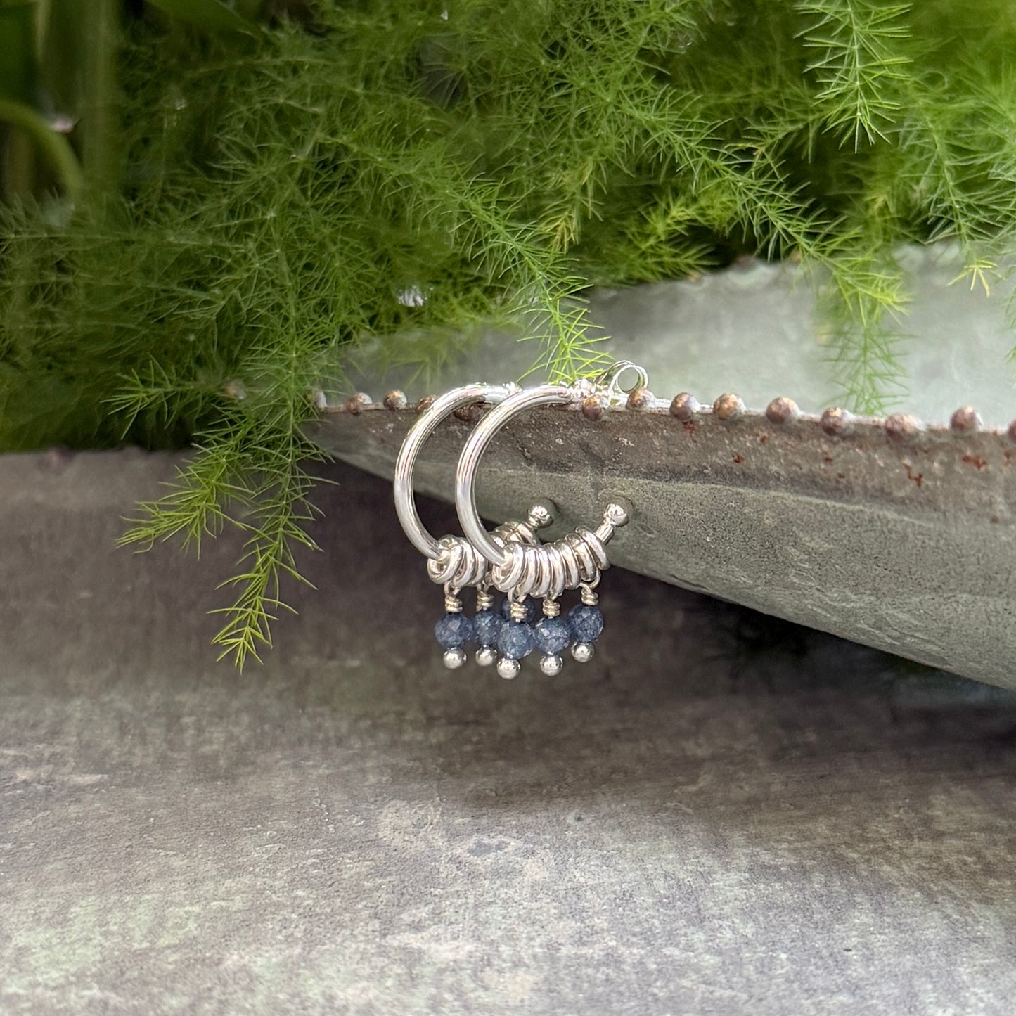 Airforce Blue Quartz 3-Bead Mini Hoop Earrings (Silver)