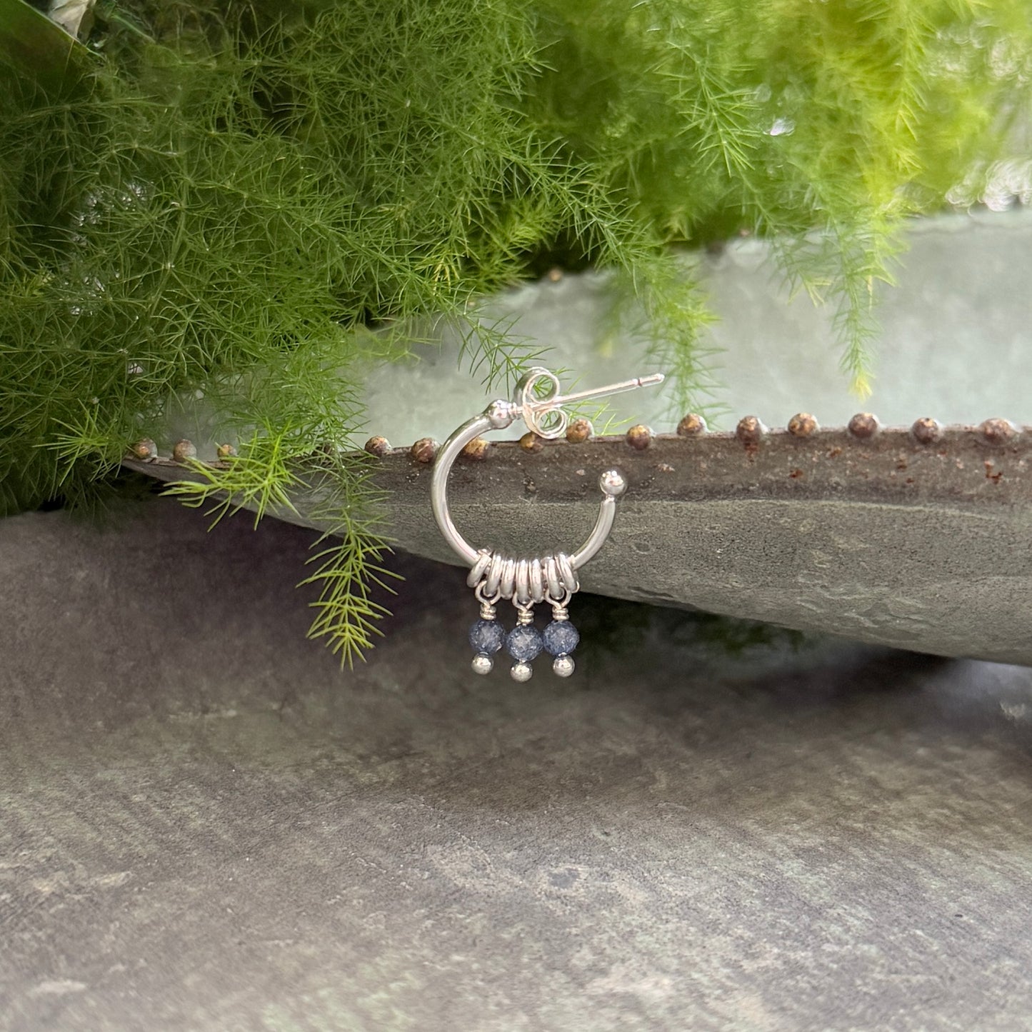 Airforce Blue Quartz 3-Bead Mini Hoop Earrings (Silver)