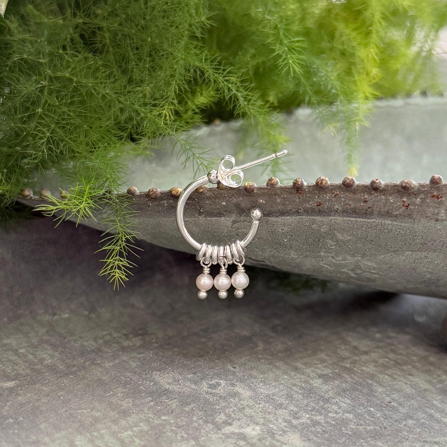Freshwater Pearl 3-Bead Mini Hoop Earrings (Silver)