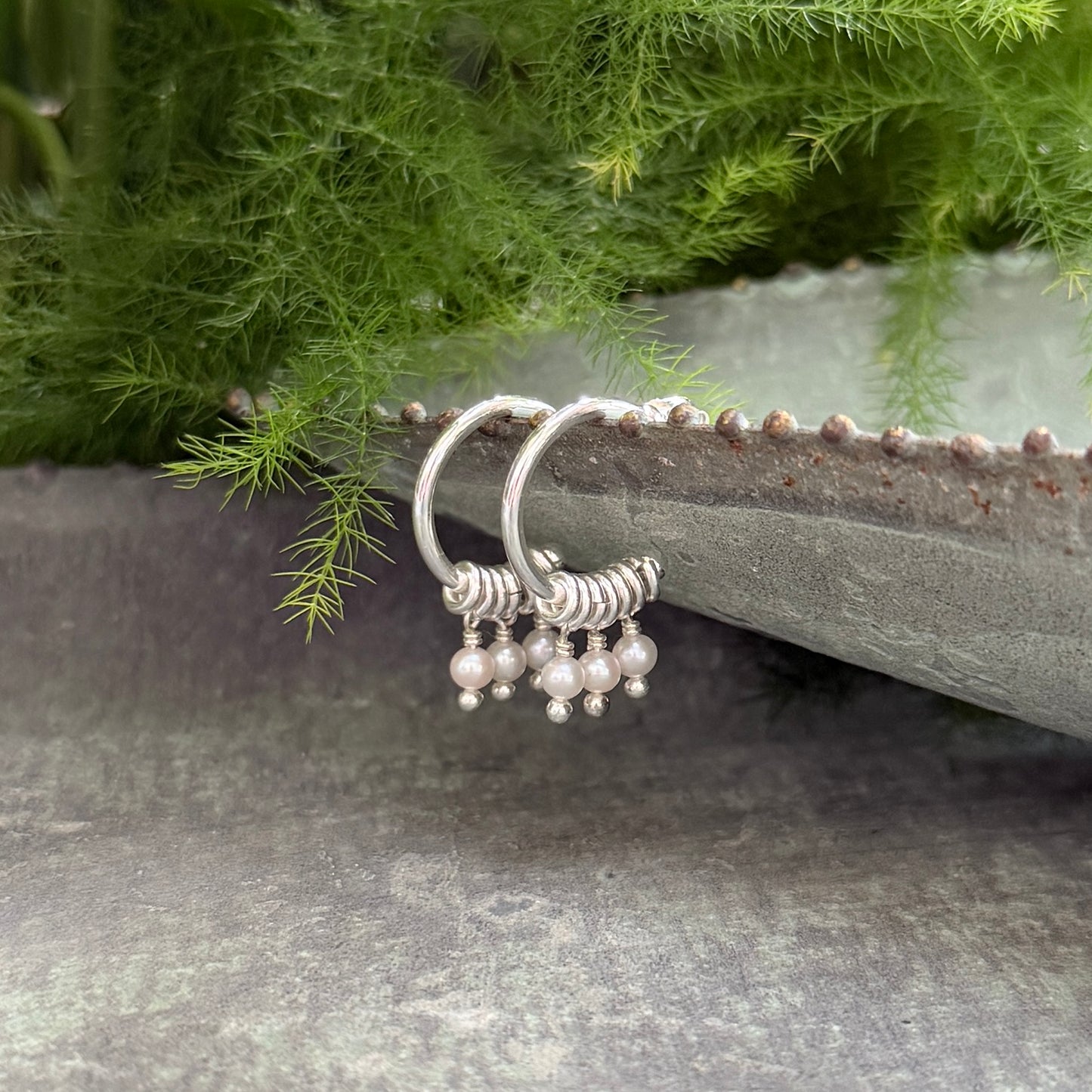 Freshwater Pearl 3-Bead Mini Hoop Earrings (Silver)