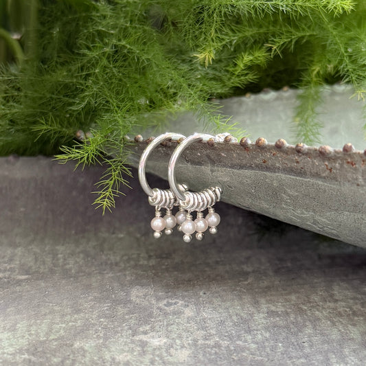 Freshwater Pearl 3-Bead Mini Hoop Earrings (Silver)