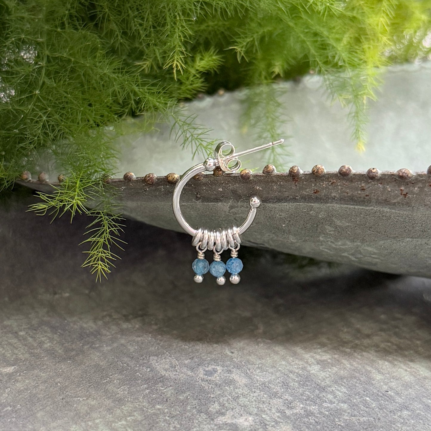 Dark Cornflower Blue Kyanite 3-Bead Mini Hoop Earrings (Silver)