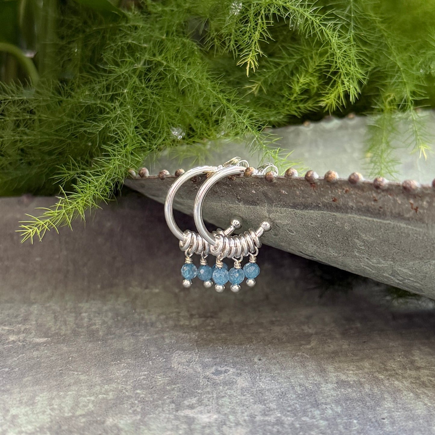 Dark Cornflower Blue Kyanite 3-Bead Mini Hoop Earrings (Silver)