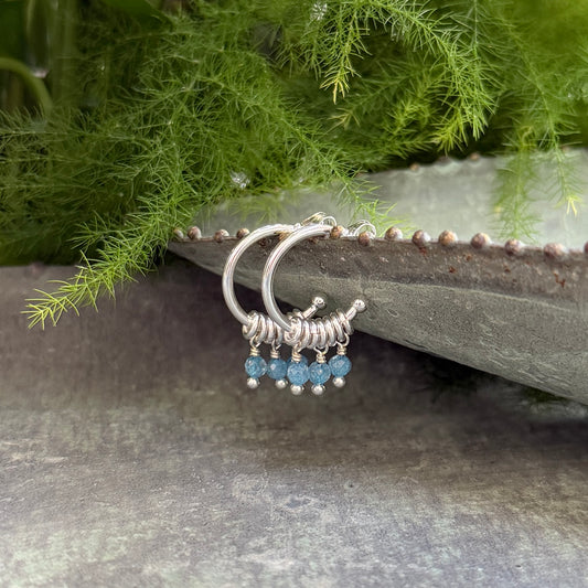 Dark Cornflower Blue Kyanite 3-Bead Mini Hoop Earrings (Silver)