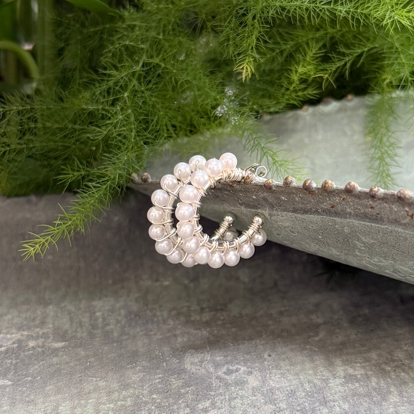 Freshwater Pearl Mini Hoop Beaded Earrings (Silver)
