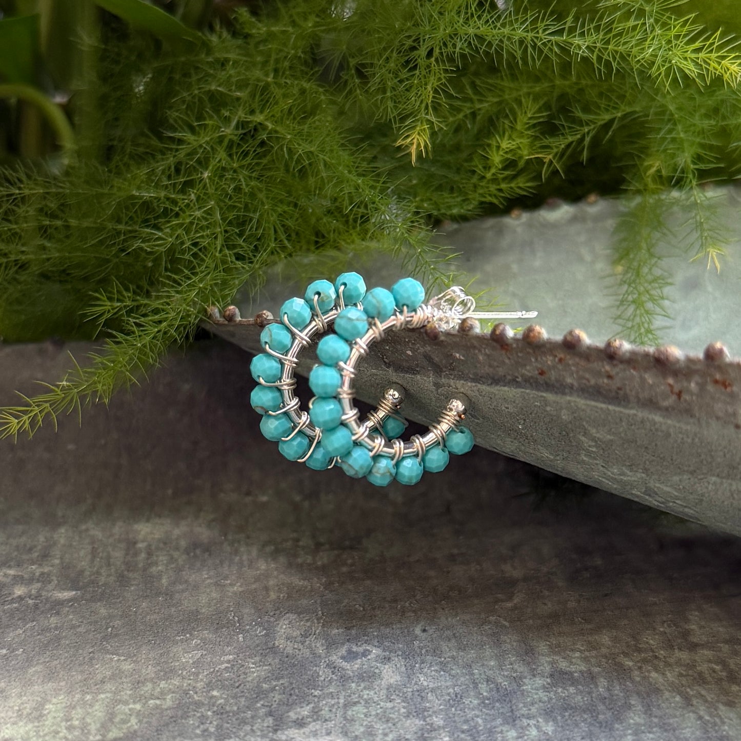 Chunky Turquoise Mini Hoop Beaded Earrings (Silver)