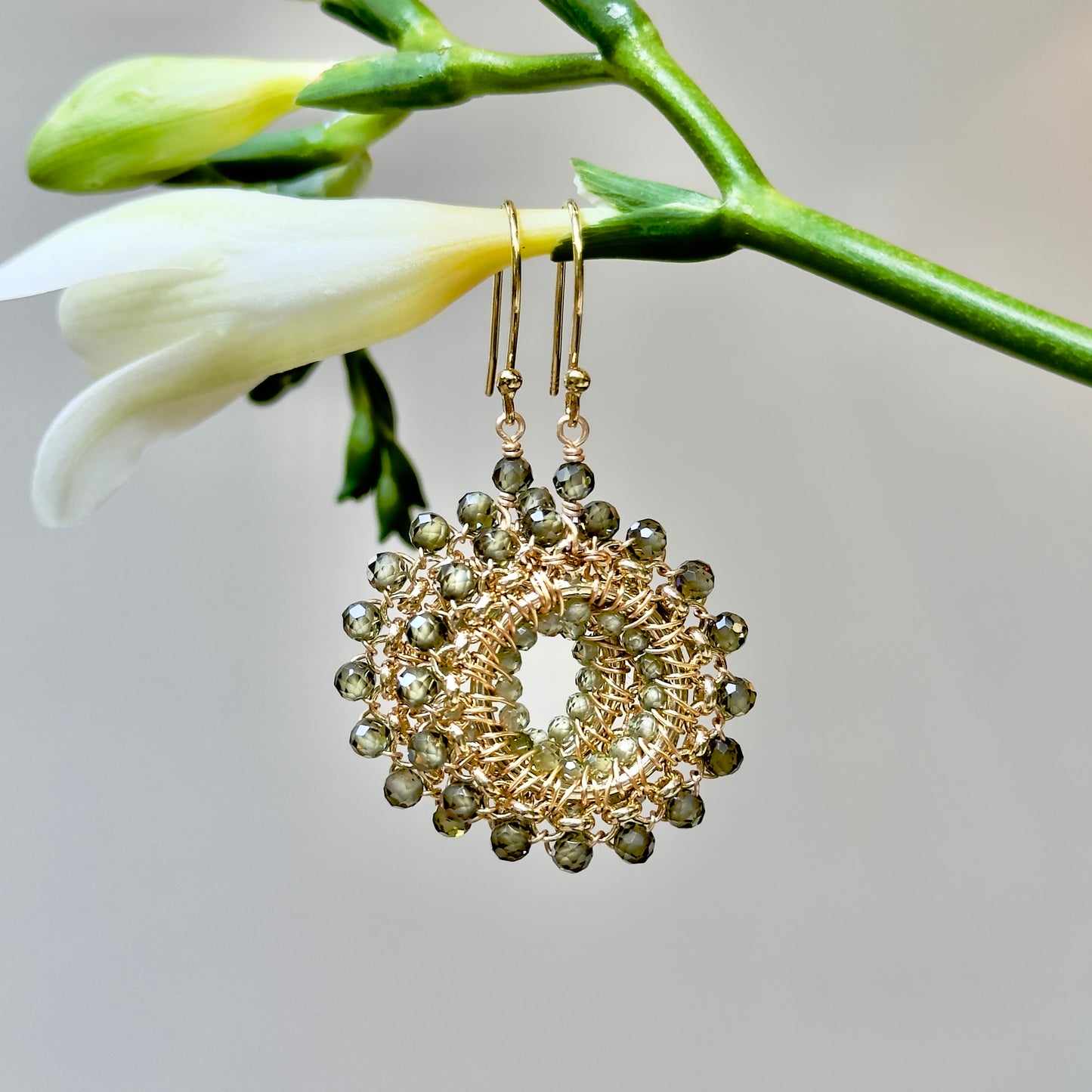 Olive Green Peridot Rolo Round Beaded Earrings