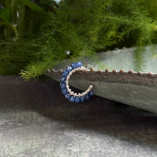 Chunky Royal Blue Azurite Mini Hoop Beaded Earrings (Silver)