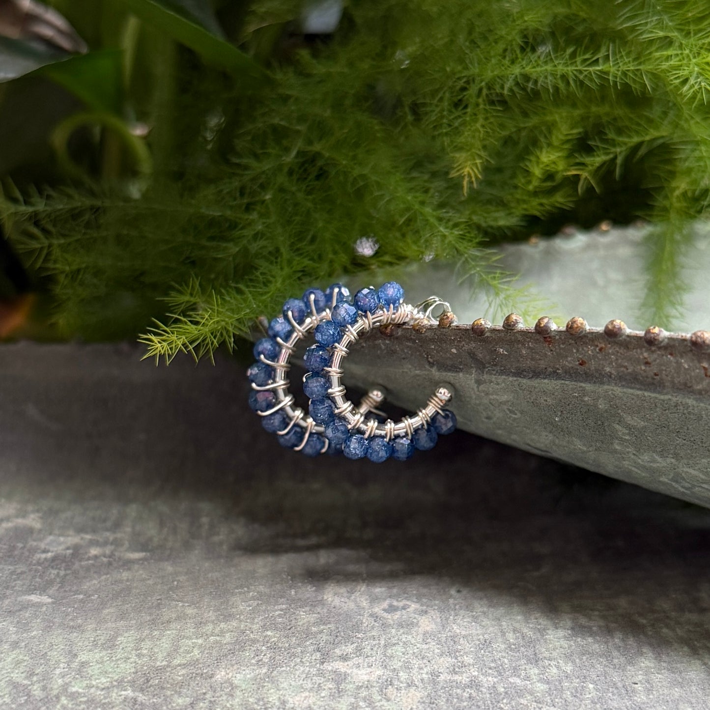 Chunky Royal Blue Azurite Mini Hoop Beaded Earrings (Silver)