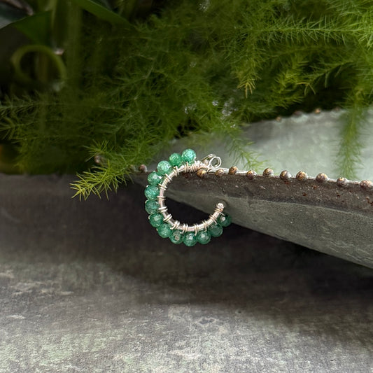 Chunky Dark Mint Green Jade Mini Hoop Beaded Earrings (Silver)