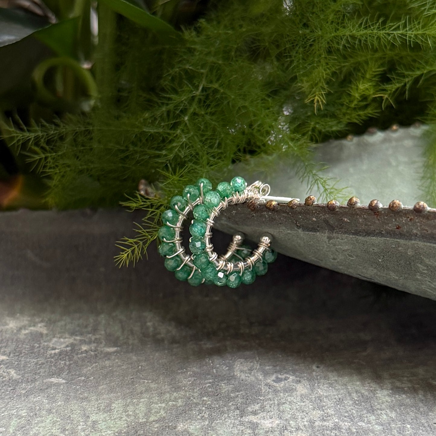 Chunky Dark Mint Green Jade Mini Hoop Beaded Earrings (Silver)