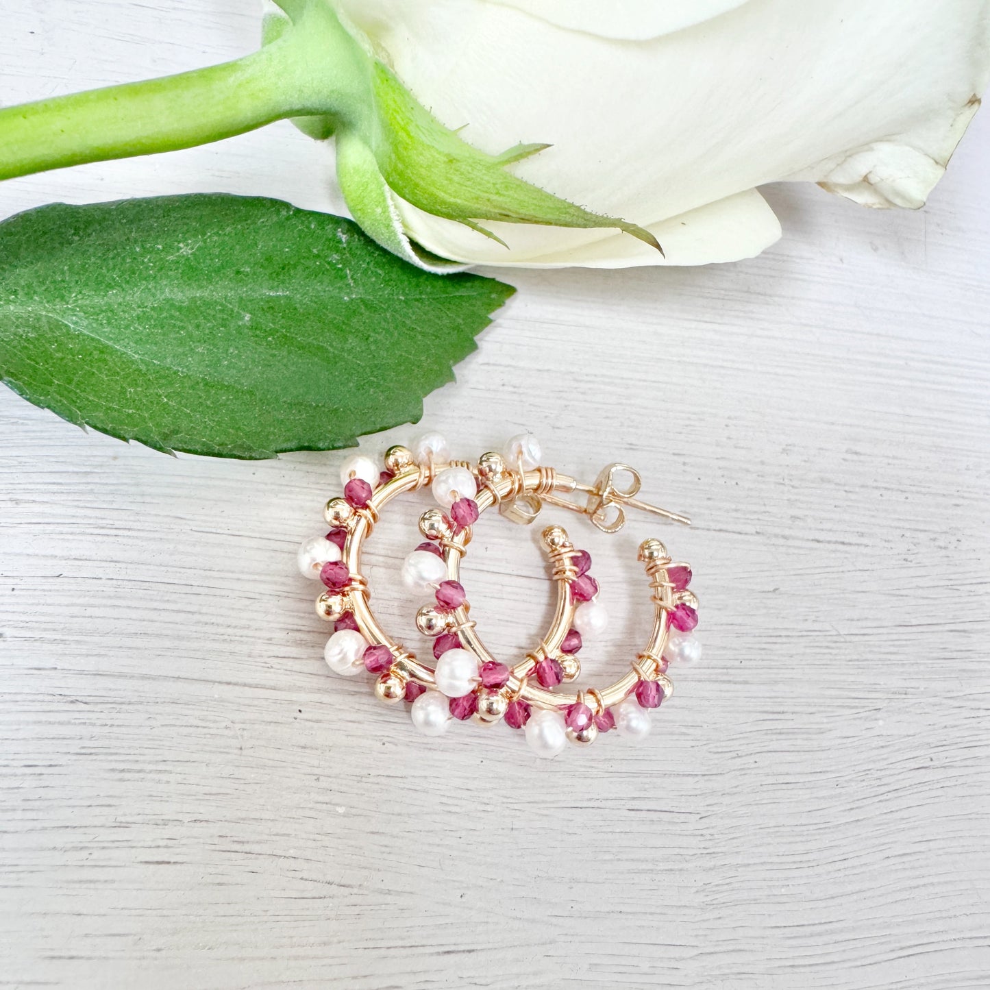 Pearl & Fuchsia Pink Garnet Mini Bobble Hoop Beaded Earrings