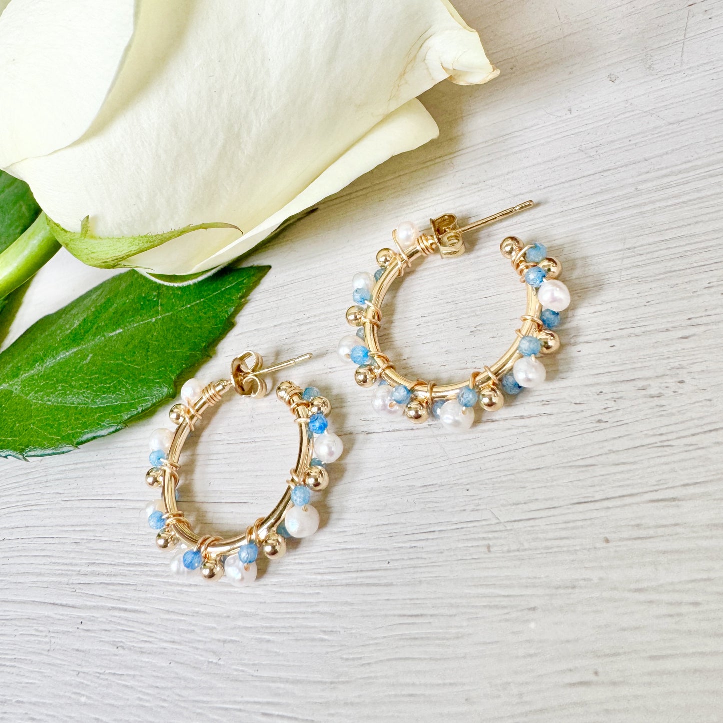 Pearl & Cornflower Blue Kyanite Mini Bobble Hoop Beaded Earrings