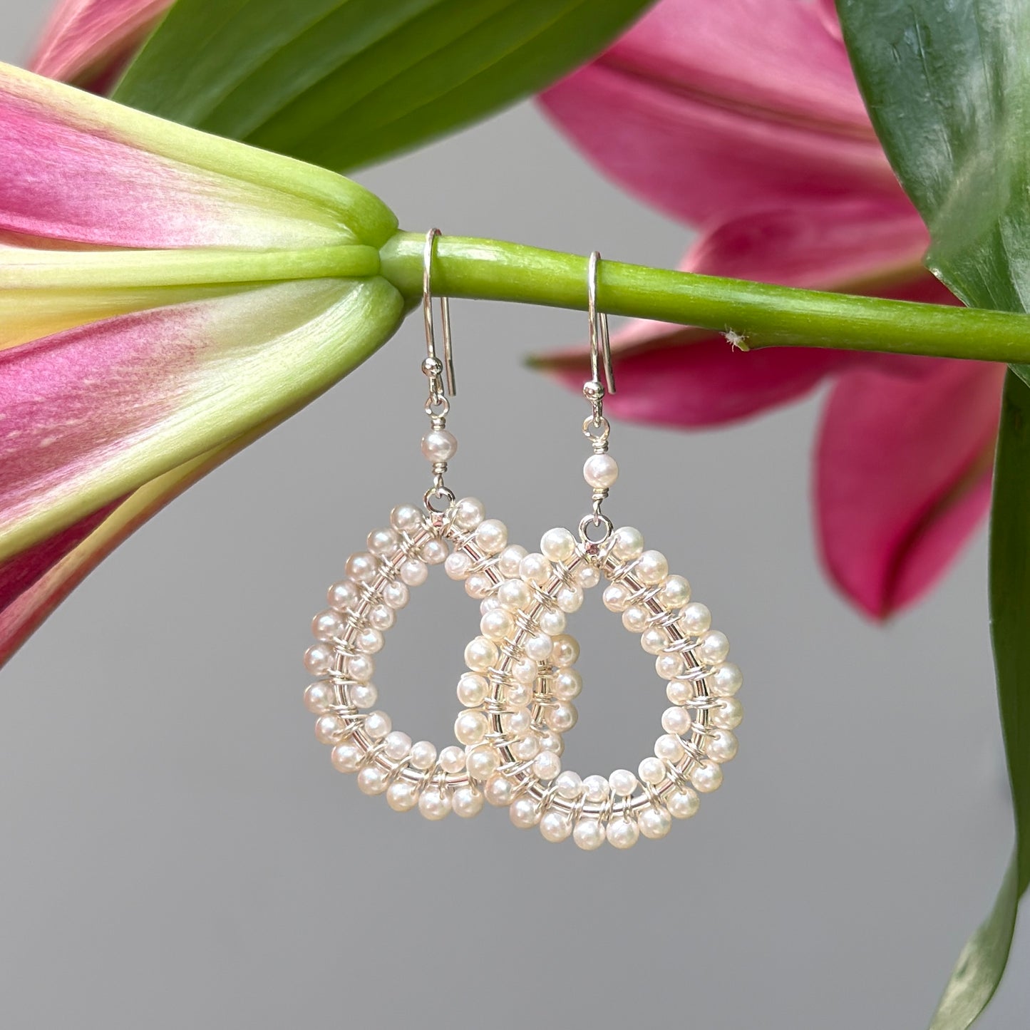 Freshwater Pearl Double Beaded Midi Teardrop Earrings (Silver)