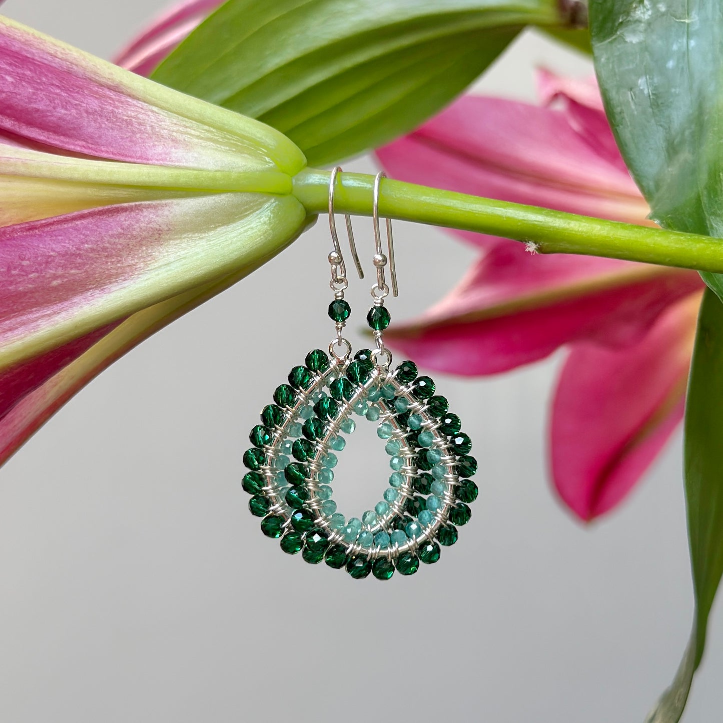 Emerald Green Jade & Mint Green Jade Double Beaded Midi Teardrop Earrings (Silver)