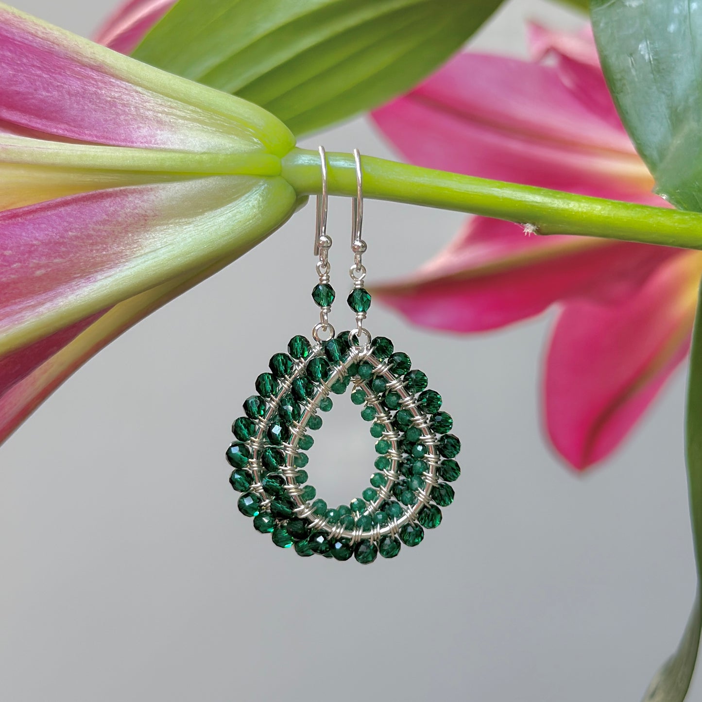 Emerald Green Jade & Mid Emerald Double Beaded Midi Teardrop Earrings (Silver)