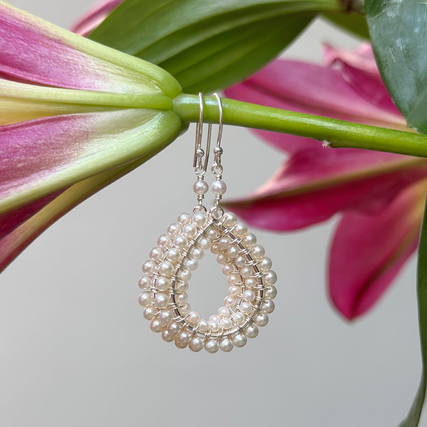 Freshwater Pearl Double Beaded Midi Teardrop Earrings (Silver)