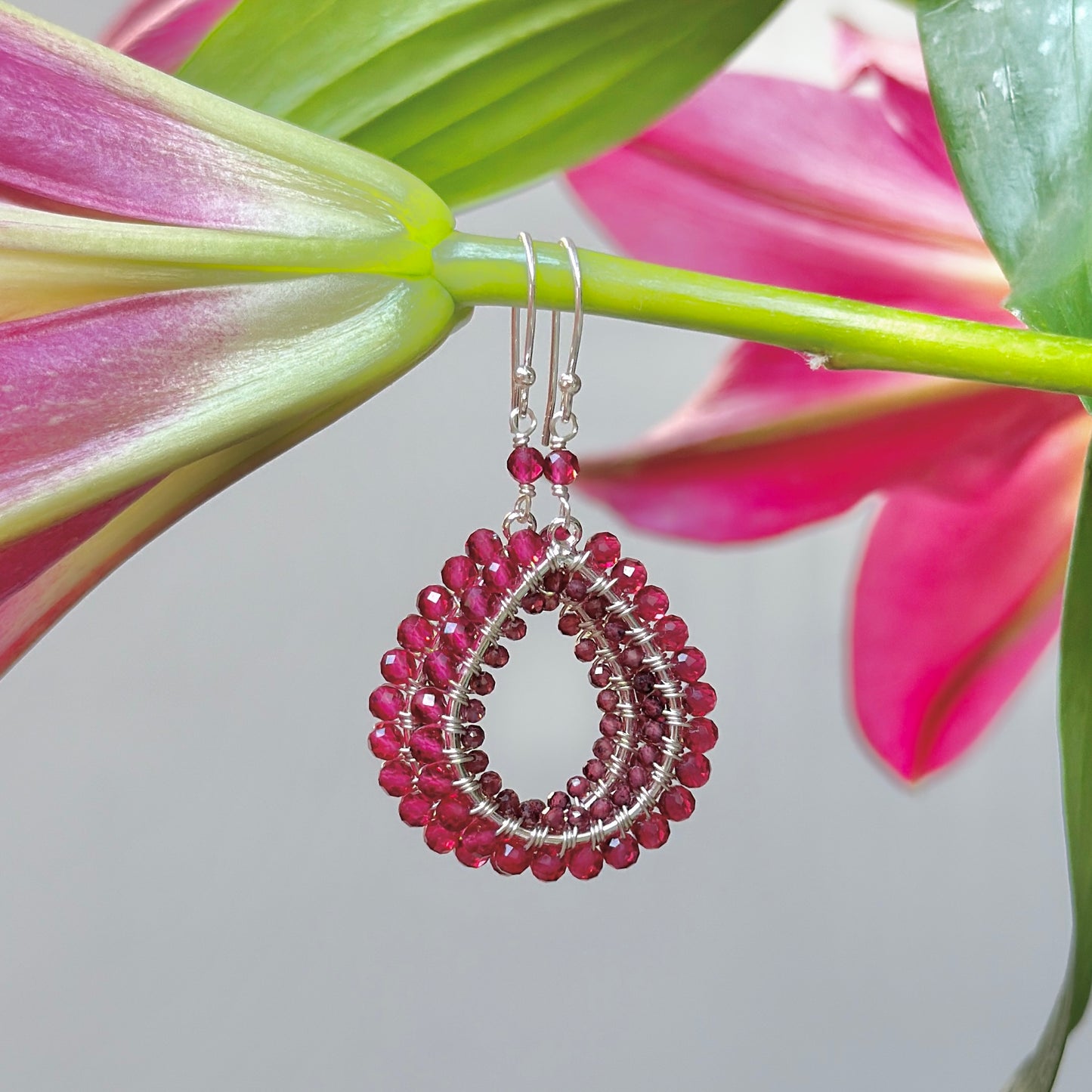 Fuchsia Pink & Burgundy Garnet Double Beaded Midi Teardrop Earrings (Silver)