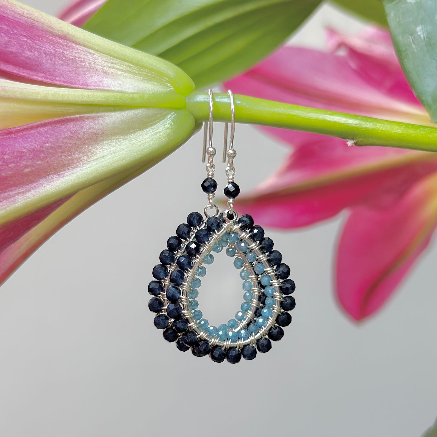 Dark Denim Iolite & Dark Cornflower Kyanite Double Beaded Midi Teardrop Earrings (Silver)