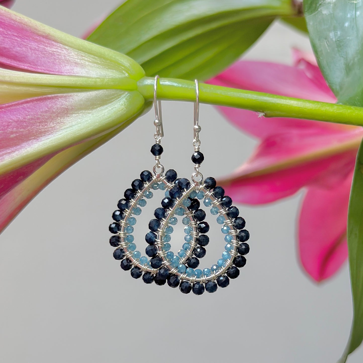 Dark Denim Iolite & Dark Cornflower Kyanite Double Beaded Midi Teardrop Earrings (Silver)