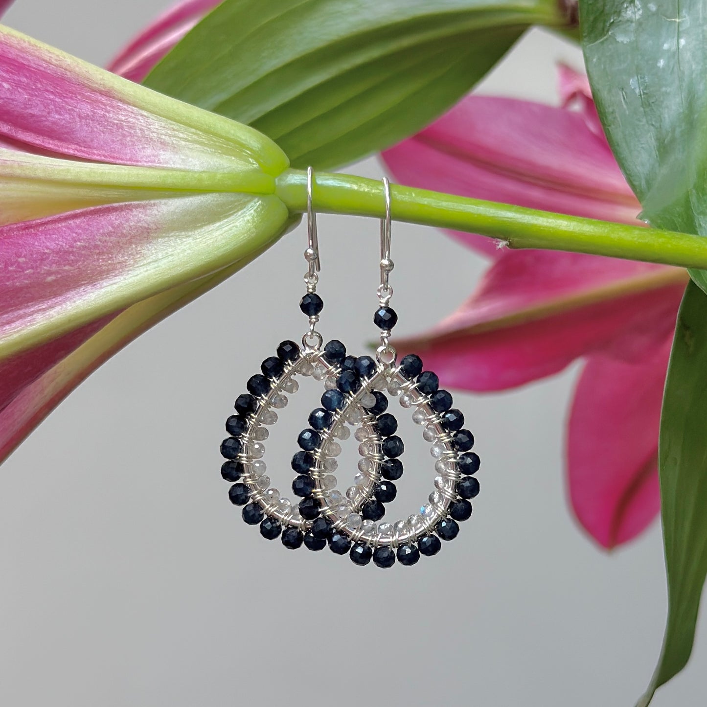 Dark Denim Blue Iolite & Grey Labradorite Double Beaded Midi Teardrop Earrings (Silver)