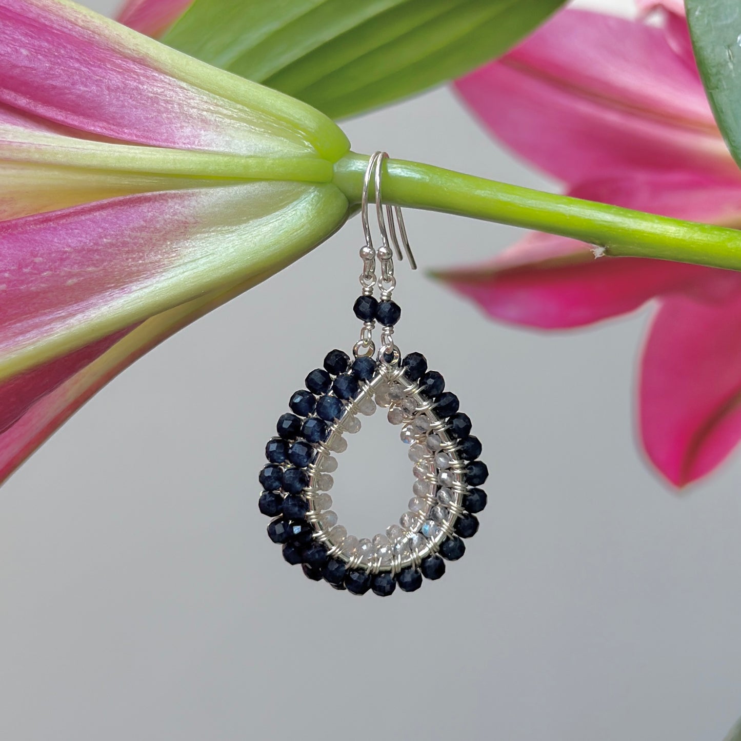 Dark Denim Blue Iolite & Grey Labradorite Double Beaded Midi Teardrop Earrings (Silver)