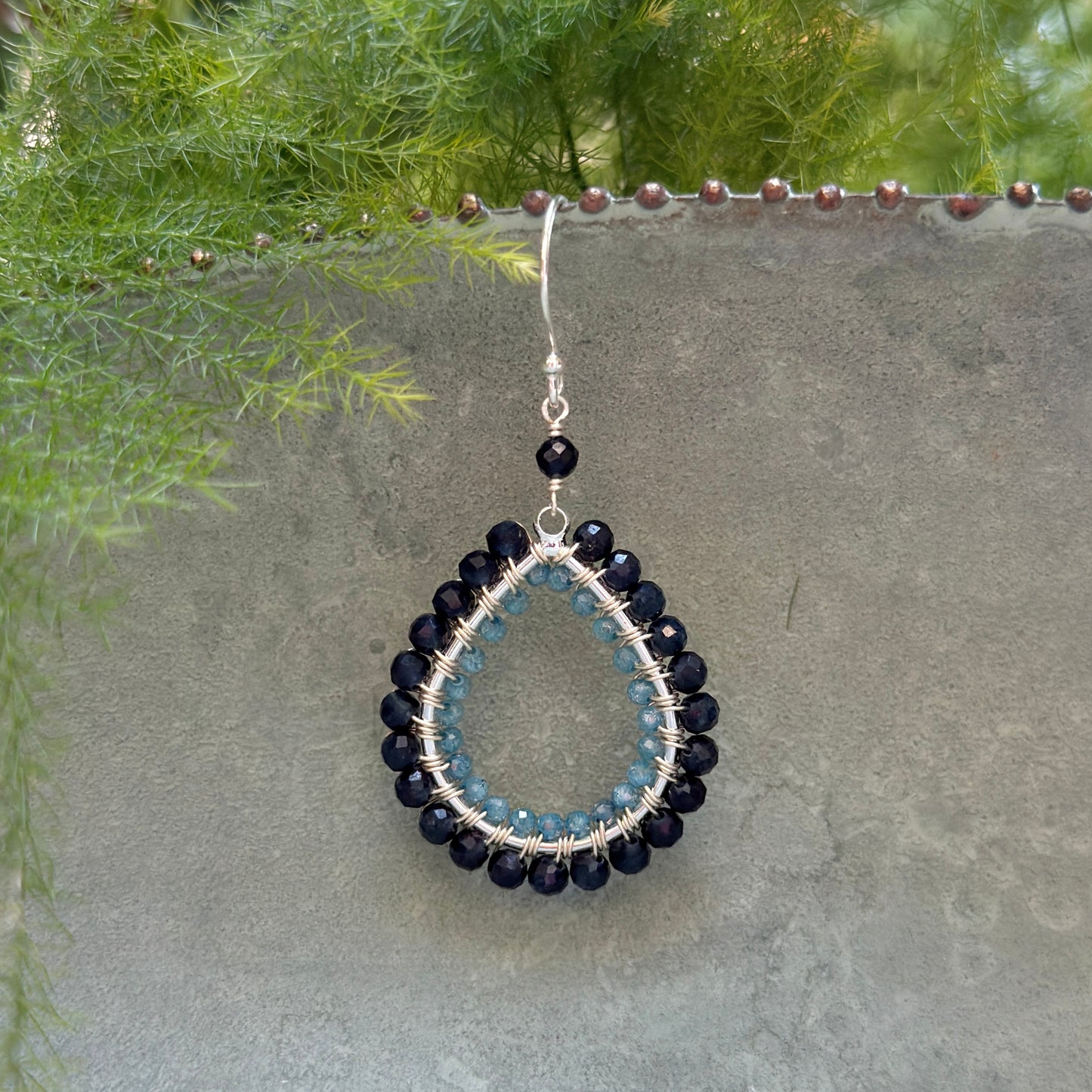 Dark Denim Iolite & Dark Cornflower Kyanite Double Beaded Midi Teardrop Earrings (Silver)