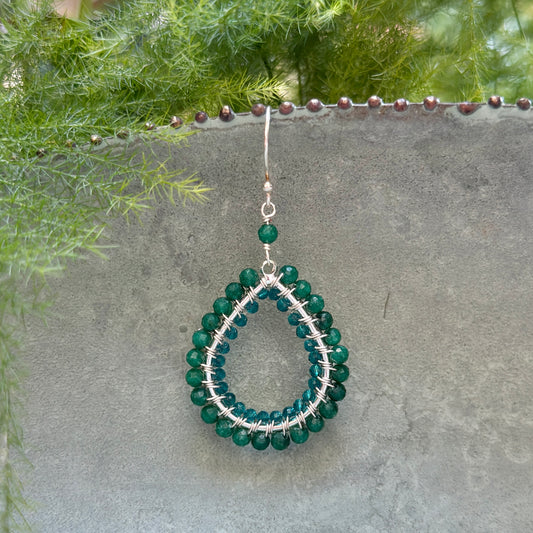 Mid Emerald Green Jade & Teal Quartz Double Beaded Midi Teardrop Earrings (Silver)
