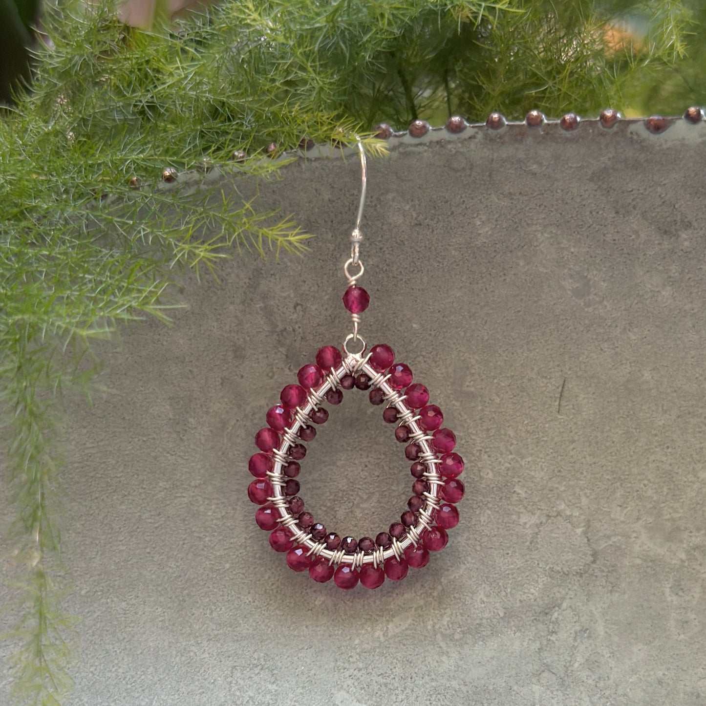 Fuchsia Pink & Burgundy Garnet Double Beaded Midi Teardrop Earrings (Silver)