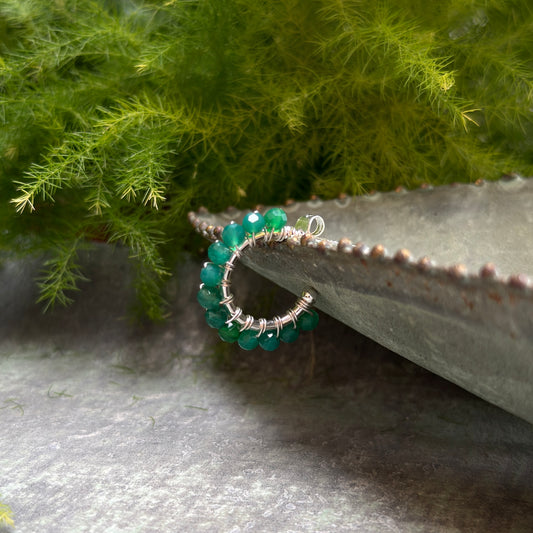 Chunky Mid Emerald Green Jade Mini Hoop Beaded Earrings (Silver)