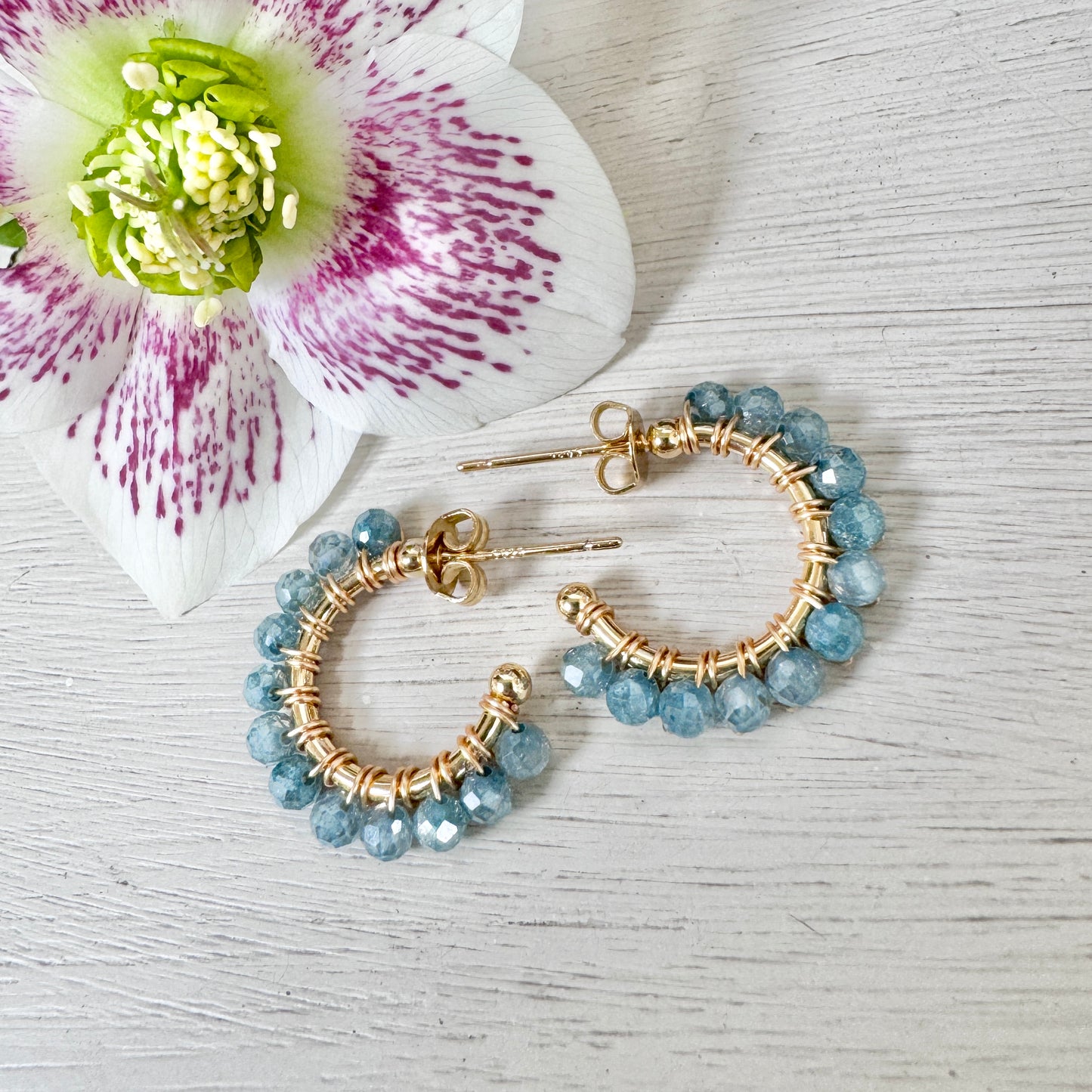 Chunky Pale Denim Blue Azurite Mini Hoop Beaded Earrings
