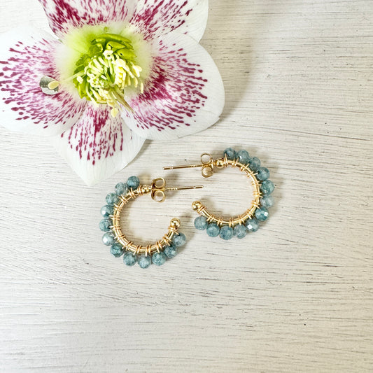 Chunky Denim Blue Tourmaline Mini Hoop Beaded Earrings