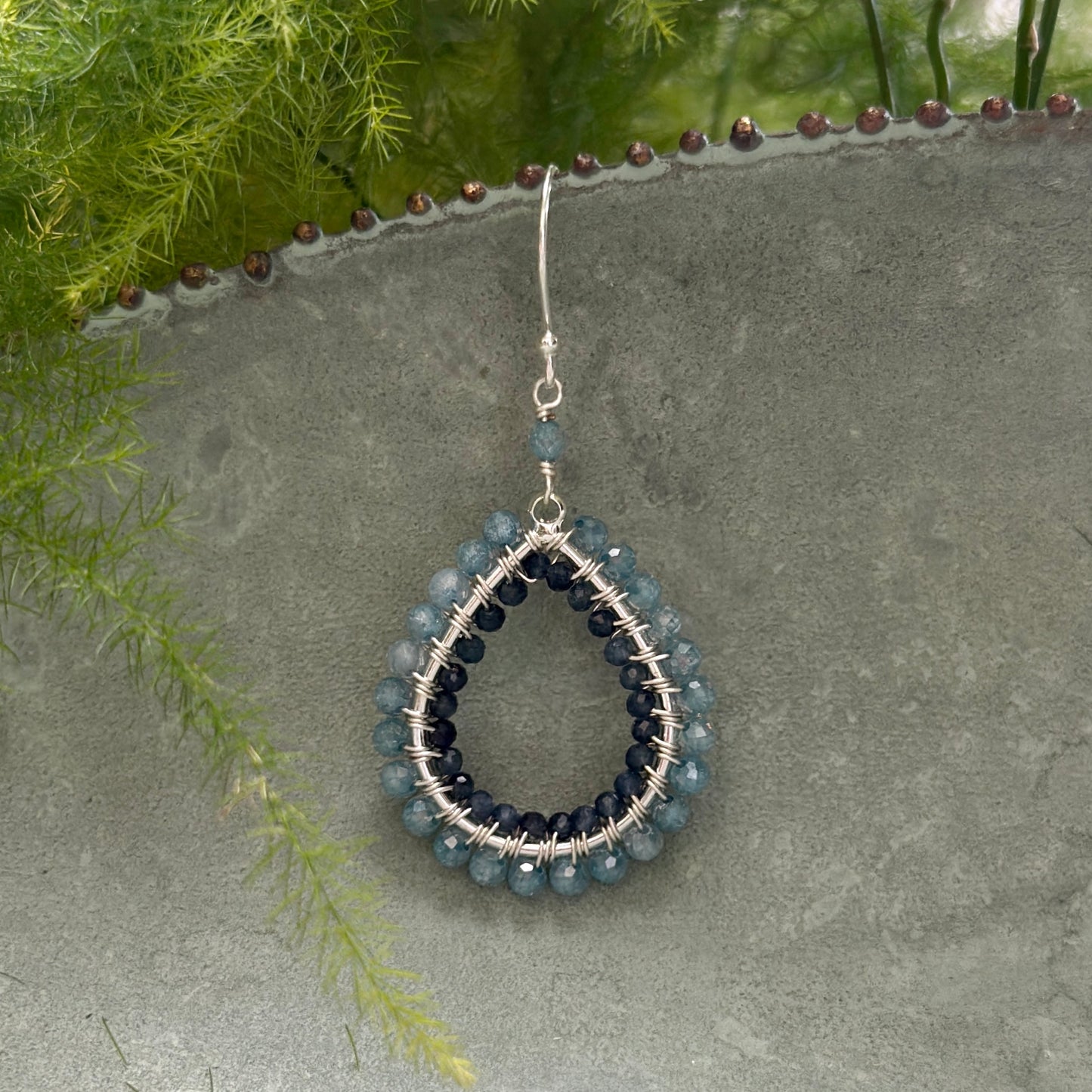 Pale Denim Blue Azurite & Dark Denim Iolite Double Beaded Midi Teardrop Earrings (Silver)
