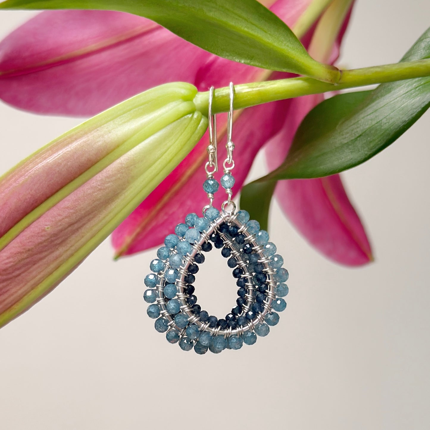 Pale Denim Blue Azurite & Dark Denim Iolite Double Beaded Midi Teardrop Earrings (Silver)