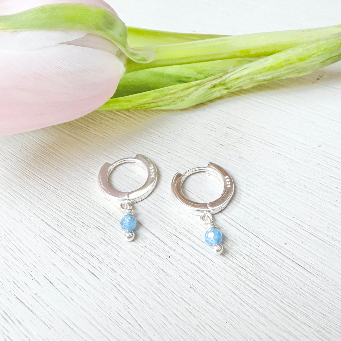 Mini Hoop Huggie Earrings With Single Cornflower Blue Kyanite Drops (Silver)