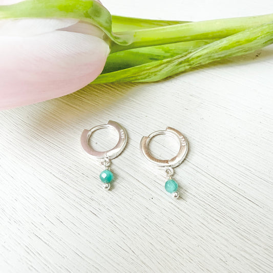 Mini Hoop Huggie Earrings With Single Mint Green Jade Drops (Silver)