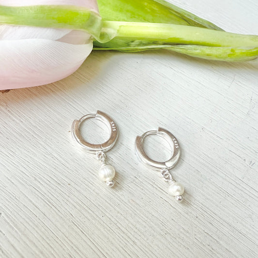 Mini Hoop Huggie Earrings With Single Pearl Drops (Silver)