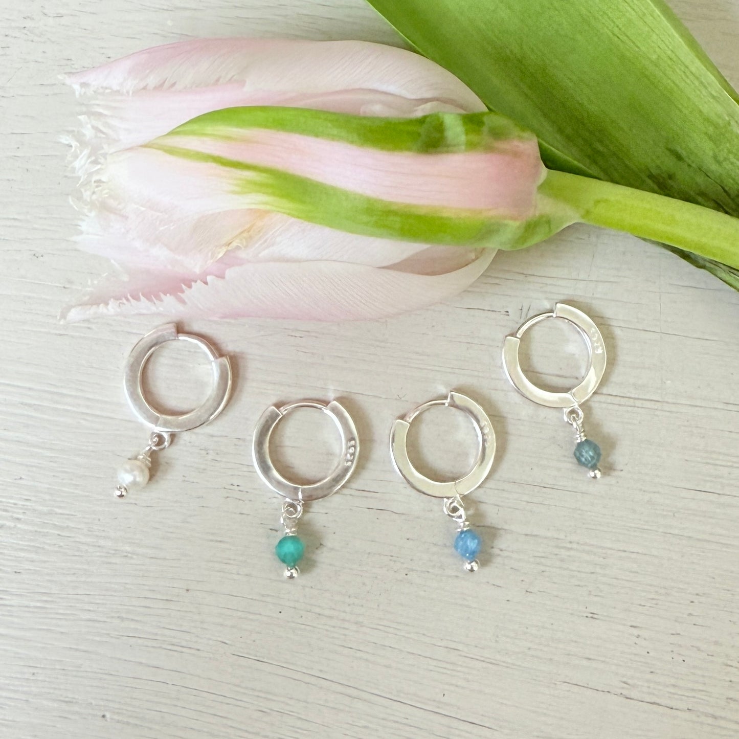 Mini Hoop Huggie Earrings With Single Cornflower Blue Kyanite Drops (Silver)