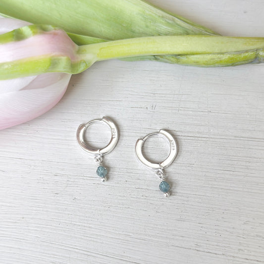 Mini Hoop Huggie Earrings With Single Pale Denim Azurite Drops (Silver)