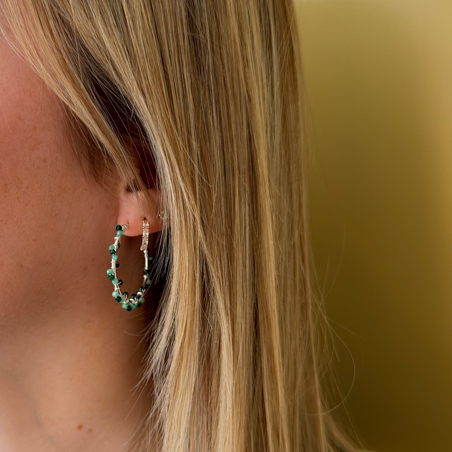 Emerald & Mint Green Jade Swirl Midi Hoop Beaded Earrings (Silver)