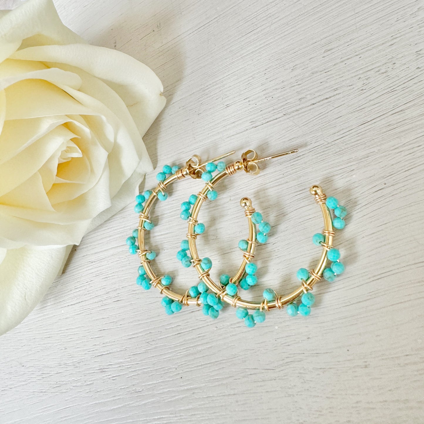 Turquoise Blue Swirl Midi Hoop Beaded Earrings