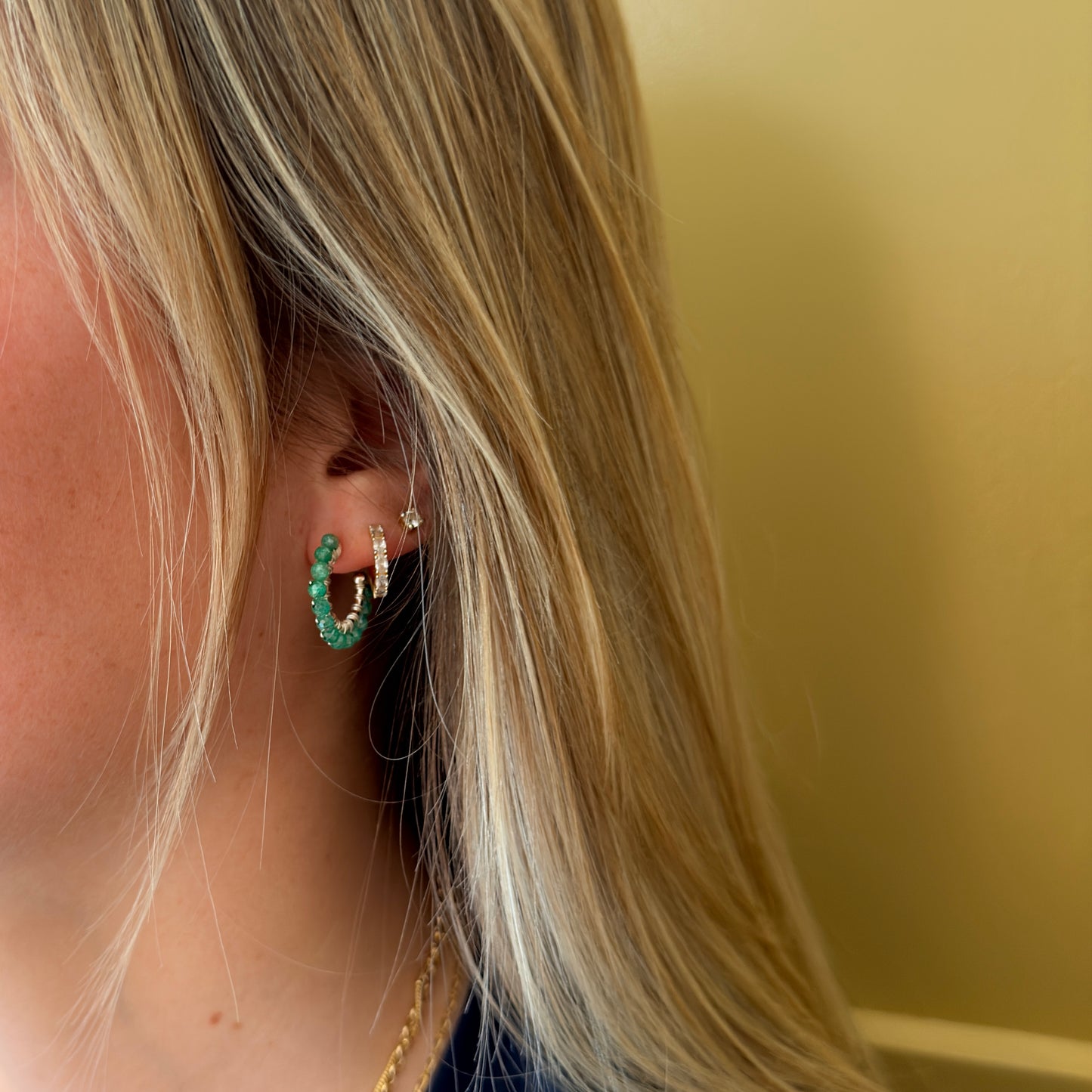 Chunky Turquoise Mini Hoop Beaded Earrings (Silver)