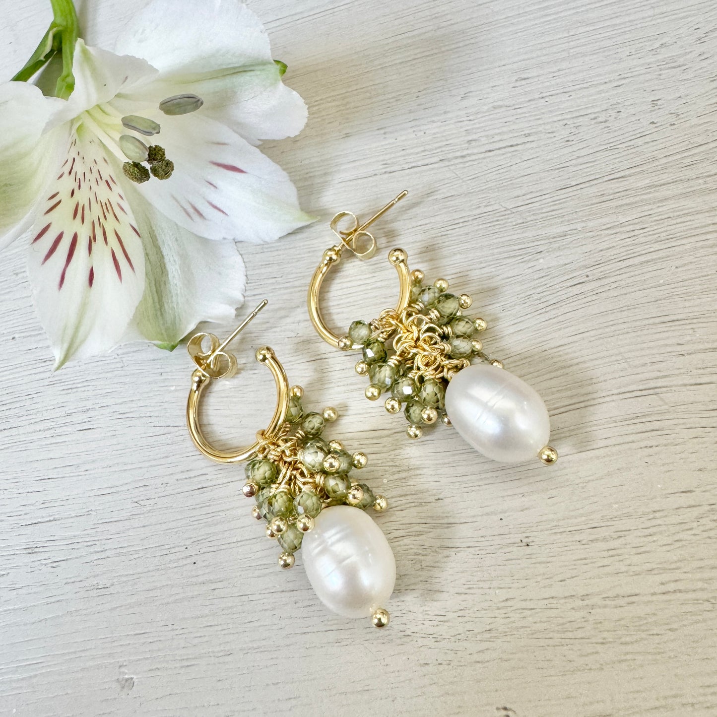 Mini Hoop Earrings With Ibiza Pearl & Pale Olive Green Peridot Drops