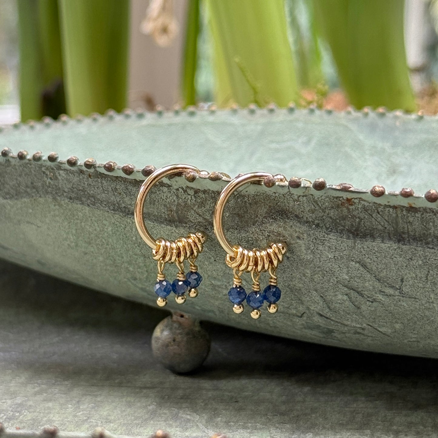 Royal Blue Azurite 3-Bead Mini Hoop Earrings