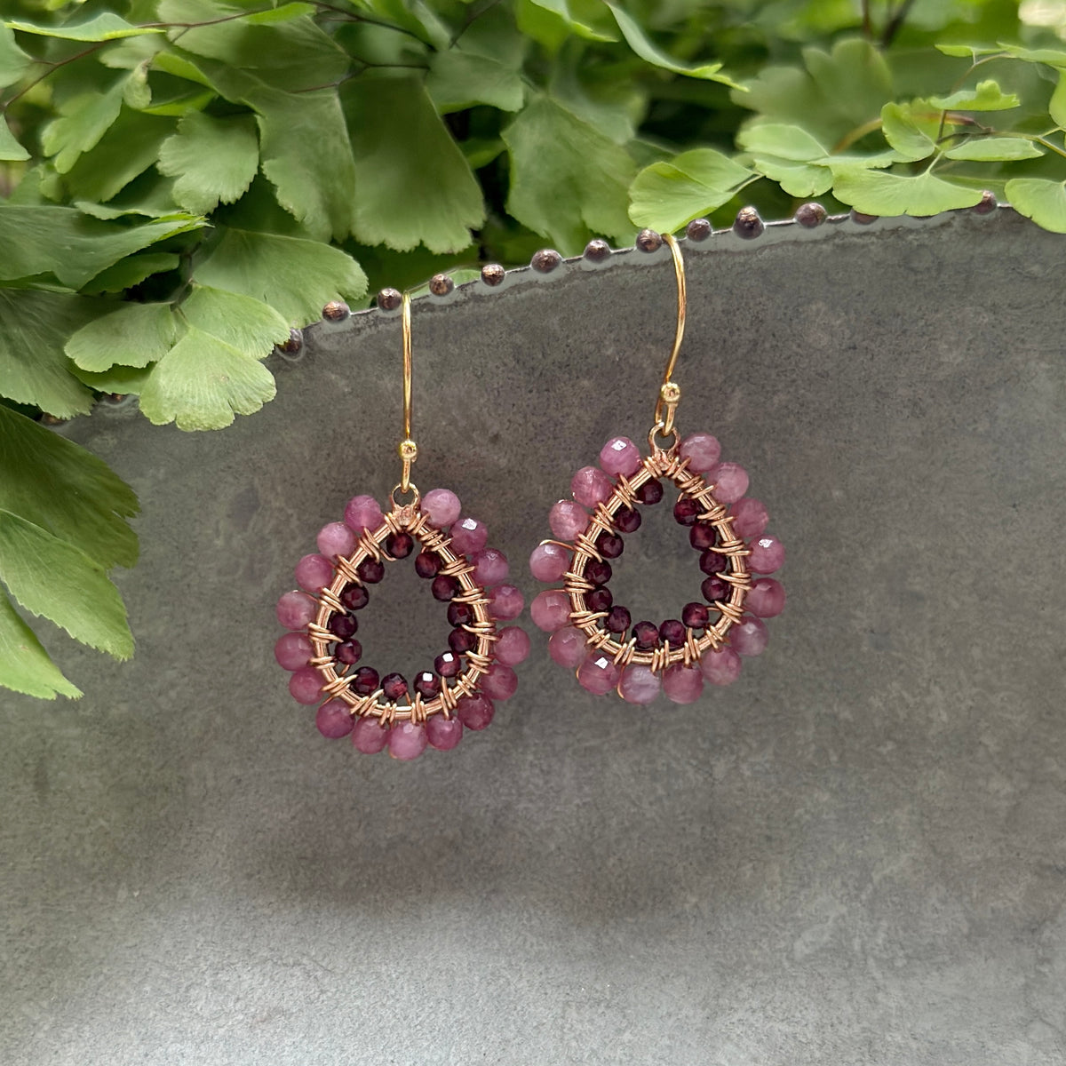 Pink Tourmaline & Burgundy Garnet Double Beaded Mini Teardrop Earrings