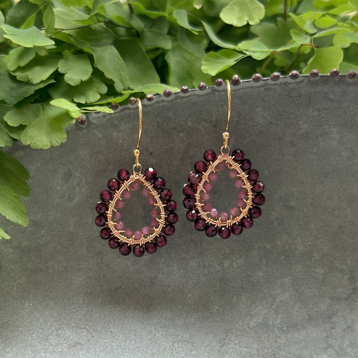 Burgundy Garnet & Pink Tourmaline Double Beaded Mini Teardrop Earrings