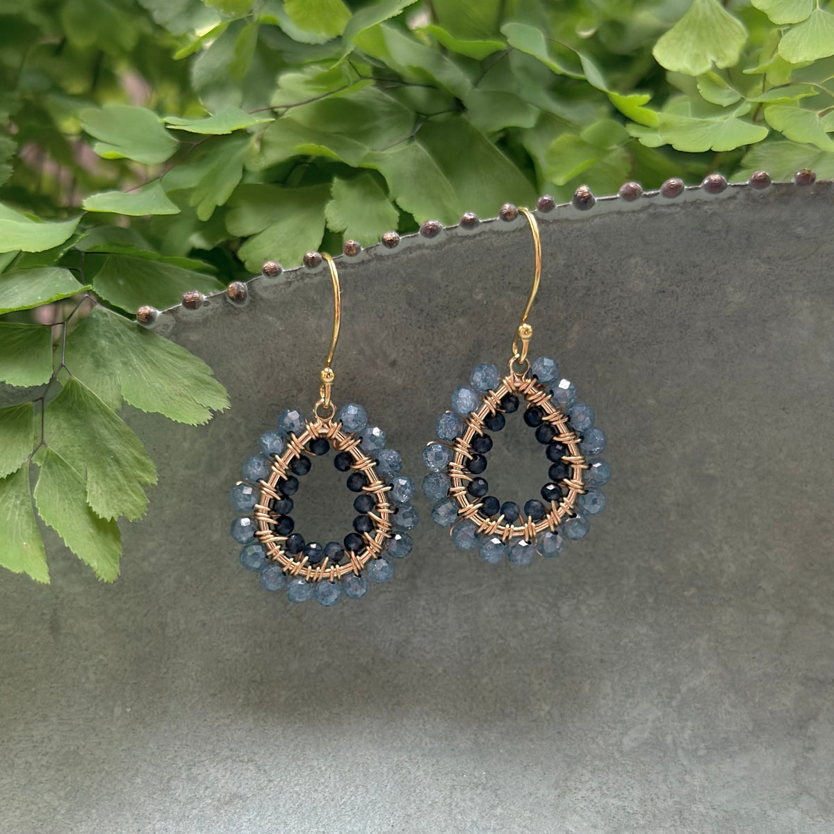 Airforce Blue Quartz & Denim Iolite Double Beaded Mini Teardrop Earrings